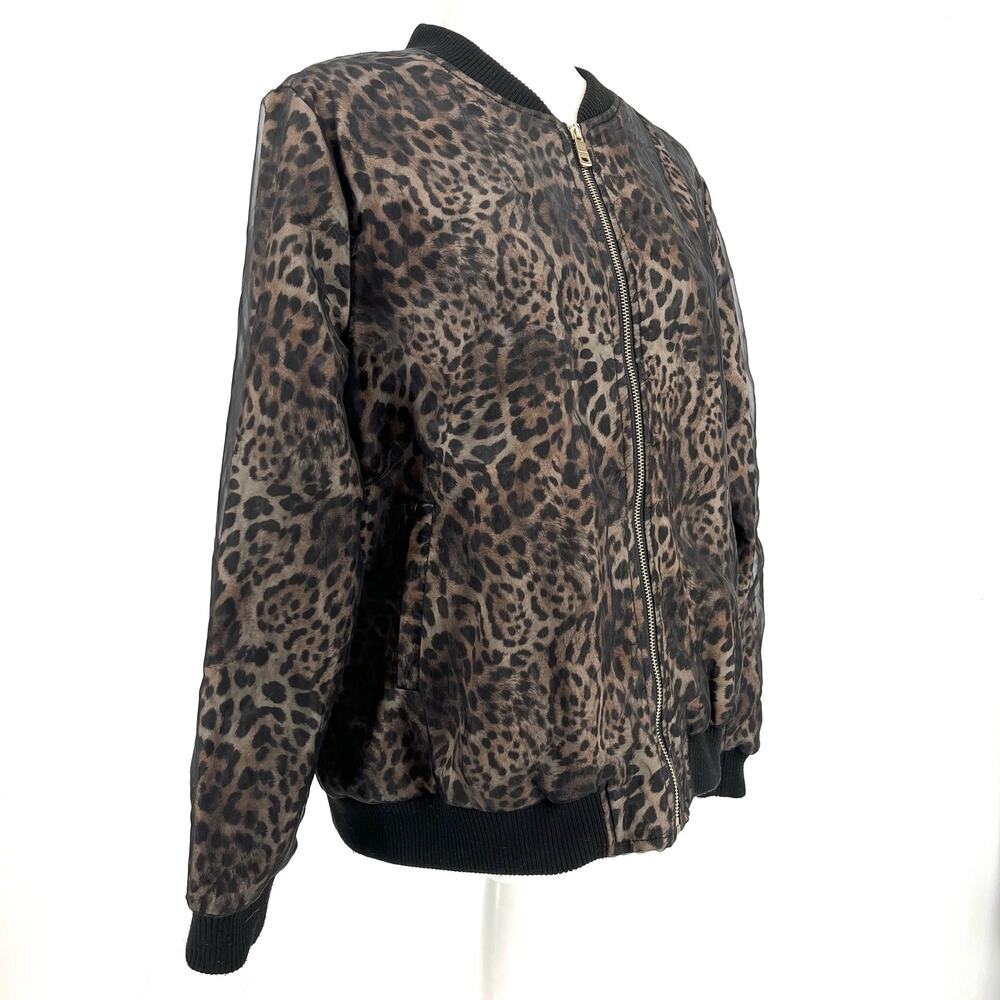 QED London Black Tan Gauze‎ Leopard Zip Bomber Jacket Womens US 10 - Picture 5 of 8